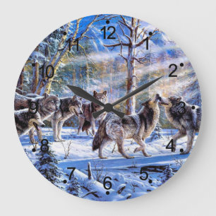 Grey Wolves Painting Large Clock
