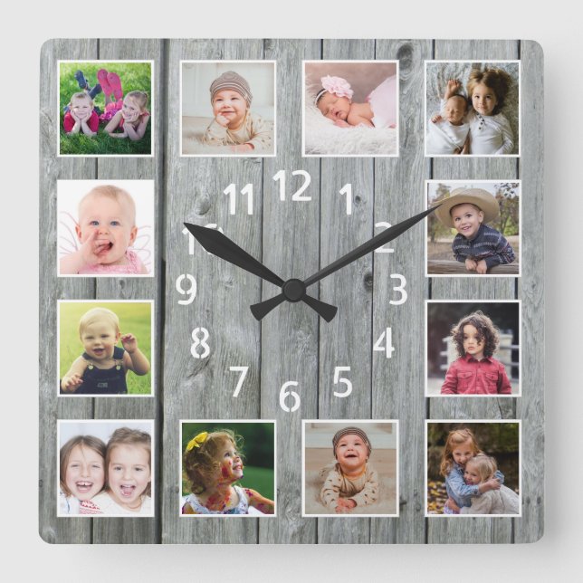 Grey Wood 12 Family Photo Collage Beach House Square Wall Clock (Front)