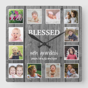 Grey Wood 12 Photo Collage Blessed Grandparents Square Wall Clock