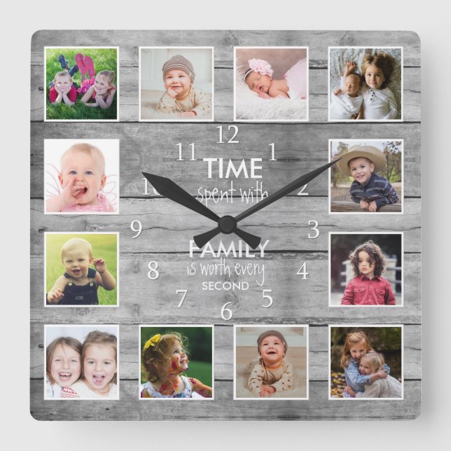 Grey Wood 12 Photo Template Time Family Quote  Square Wall Clock (Front)
