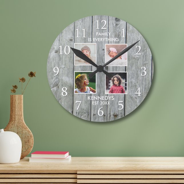 Grey Wood 4 Photo Collage Family Name Quote   Round Clock (Gray Wood 4 Photo Collage Family Name Quote Round Clock)