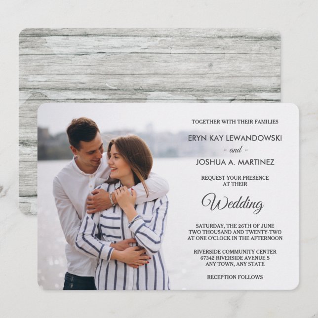 Grey Wood Back Photo Template Wedding Invitation (Front/Back)