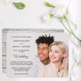 Grey Wood Back Right Side Photo Wedding Invitation