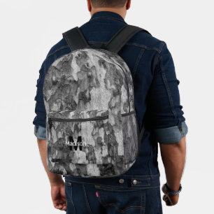 Grey wood bark custom Monogram name initial  Printed Backpack