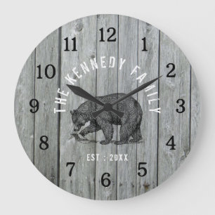 Grey Wood Black Bear Cabin House Family Name   Large Clock