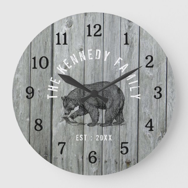 Grey Wood Black Bear Cabin House Family Name   Large Clock (Front)