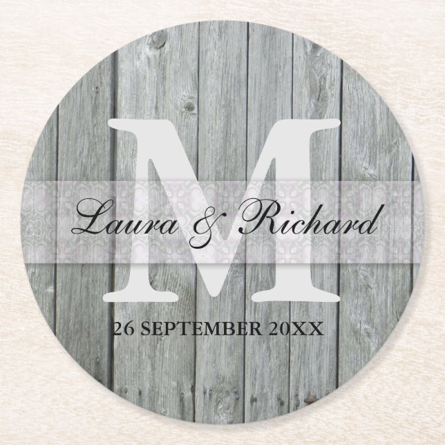 Grey Wood Bride And Groom Wedding Monogram Round Paper Coaster (Front)