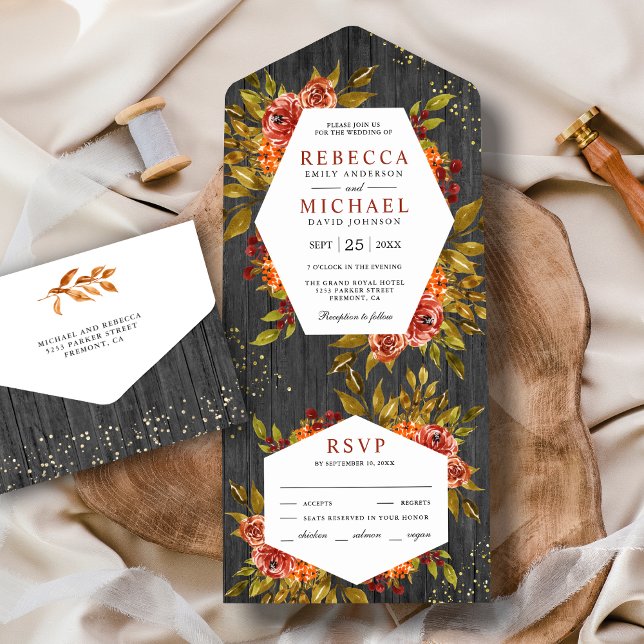 Grey Wood Burnt Orange Floral Fall Autumn Wedding All In One Invitation (Creator Uploaded)