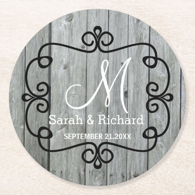 Grey Wood Country Wedding Monogram Round Paper Coaster (Front)