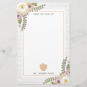 Grey Wood Dusty Floral Apple Teacher Personalised Stationery