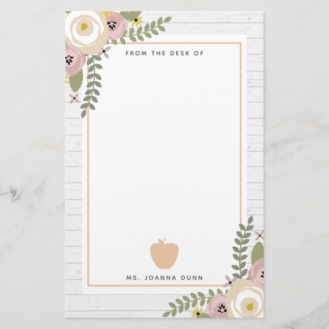 Grey Wood Dusty Floral Apple Teacher Personalised Stationery (Front)