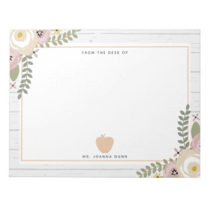 Grey Wood Dusty Floral Pink Apple Teacher Notepad