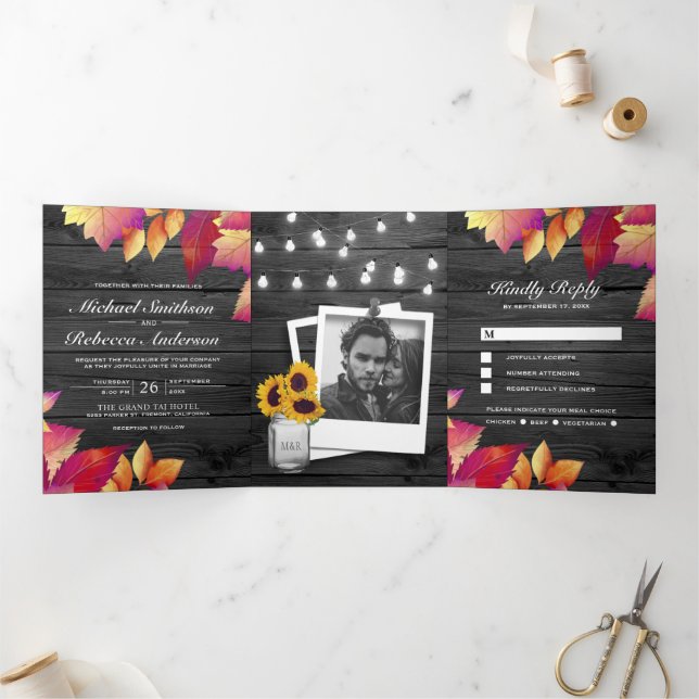 Grey Wood Fall Autumn Leaves All in One Wedding Tri-Fold Invitation (Inside)