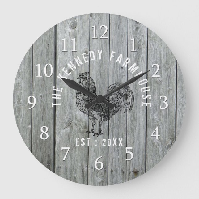 Grey Wood Family Name Farmhouse Rooster Large Clock (Front)