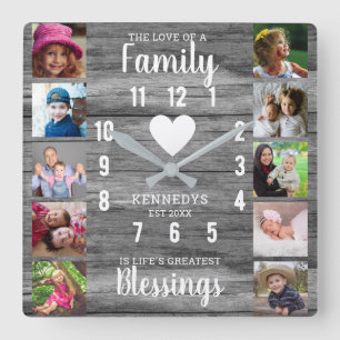 Grey Wood Family Quote 10 Square Photo Collage Square Wall Clock