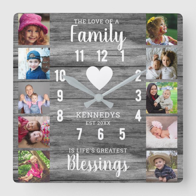 Grey Wood Family Quote  10 Square Photo Collage  Square Wall Clock (Front)