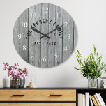 Grey Wood Farmhouse Family Name Large Clock<br><div class="desc">Grey Wood Family Name Farmhouse Wall Clock - Farmhouse style wall clocks for the perfect addition to give your kitchen a country decor look.Personalise with family name and established year for an unique farmhouse wall clock.</div>