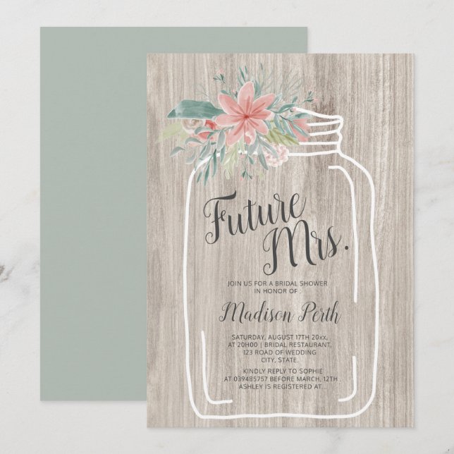 Grey wood floral mason jar script bridal shower invitation (Front/Back)