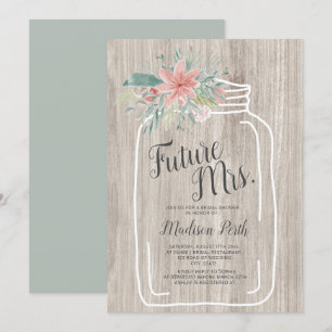 Grey wood floral mason jar script bridal shower invitation