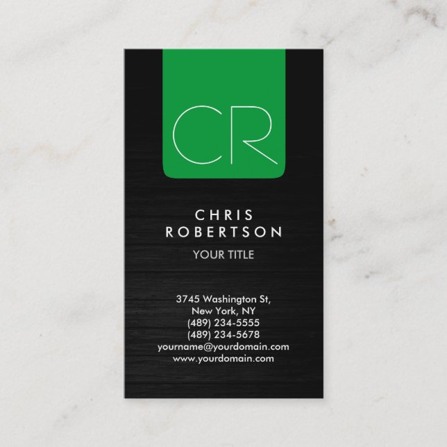 Grey Wood Green Stripe Monogram Business Card (Front)