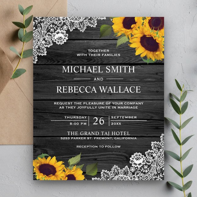 Grey Wood Lace Sunflower Budget Wedding Invitation (Creator Uploaded)