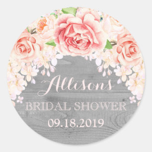 Grey Wood Pink Watercolor Flowers Bridal Shower Classic Round Sticker