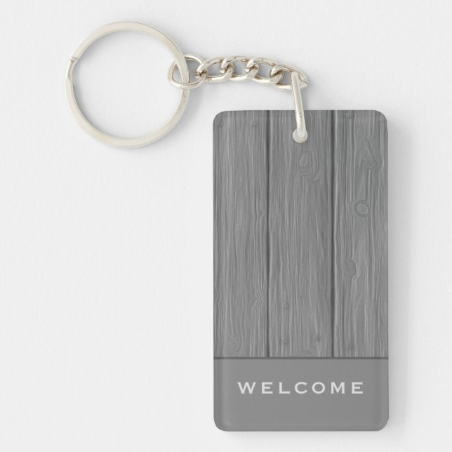 Grey Wood Plank | Welcome | Vacation Rental Key Ring (Front)