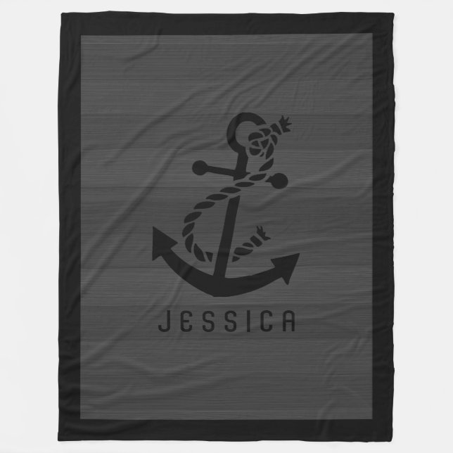 Grey Wood Planks Black Nautical Anchor Fleece Blanket (Front)