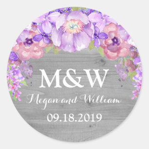 Grey Wood Purple Lilac Floral Monogram Wedding Tag