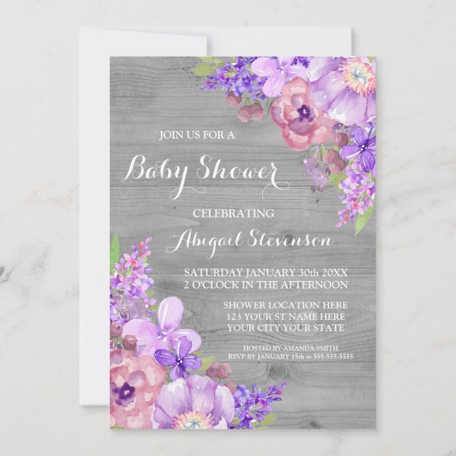 Grey Wood Purple Watercolor Flowers Baby Shower Invitation (Back)