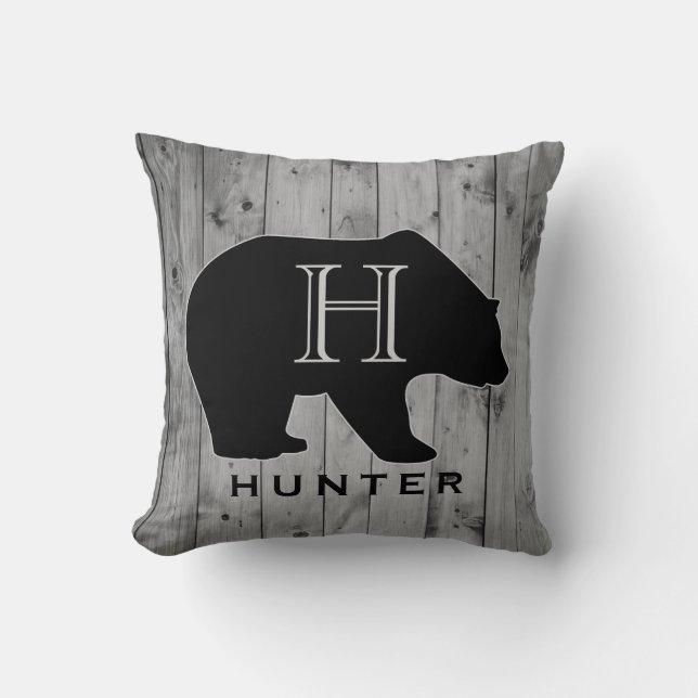 Grey Wood Rustic Bear Monogram Animal Cushion (Front)