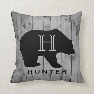 Grey Wood Rustic Bear Monogram Animal Cushion