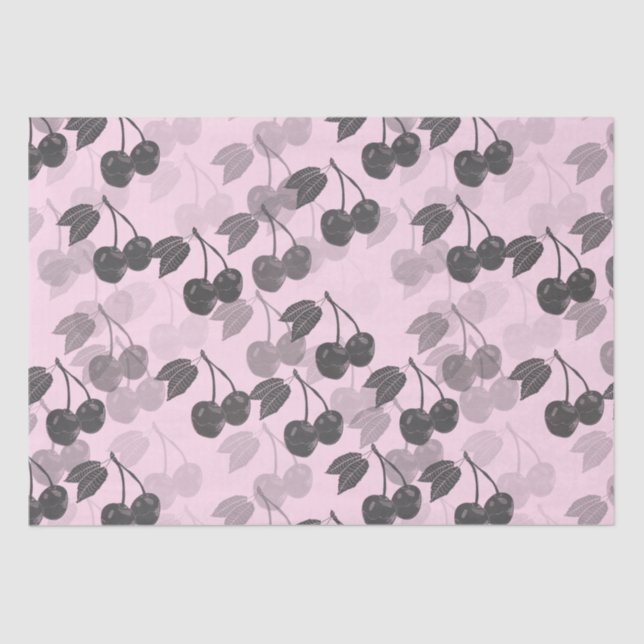 Grey Woodcut Cherry Design on Pretty Pink Tissue Paper (Front)