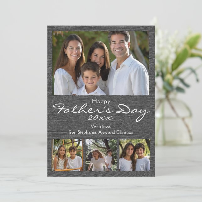 Grey Woodgrain Modern 4 Photo Father's Day Invitation (Standing Front)