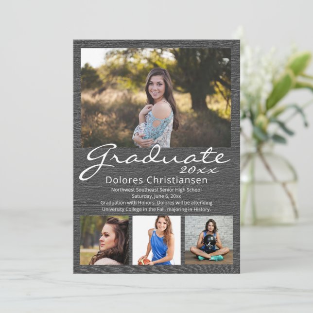 Grey Woodgrain Modern 4 Photo Graduation Invitation (Standing Front)