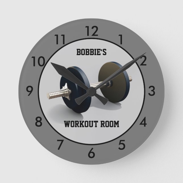 Grey Workout Room Fitness Personalised Round Clock (Front)