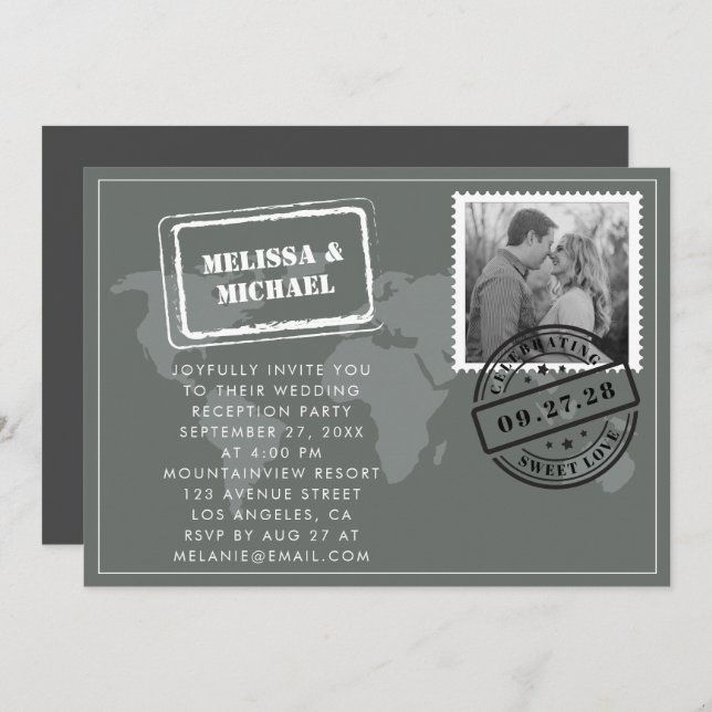 Grey World Map Destination Wedding Reception Invitation (Front/Back)