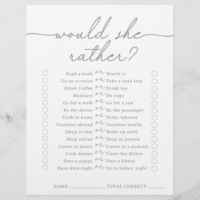 Grey Would She Rather Bridal Shower Game (Front)