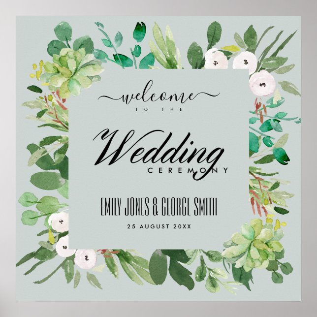 GREY WREATH FOLIAGE WATERCOLOR WEDDING WELCOME POSTER (Front)