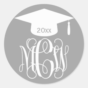 Grey Wt Vine Script Monogram Graduation DIY BG Classic Round Sticker