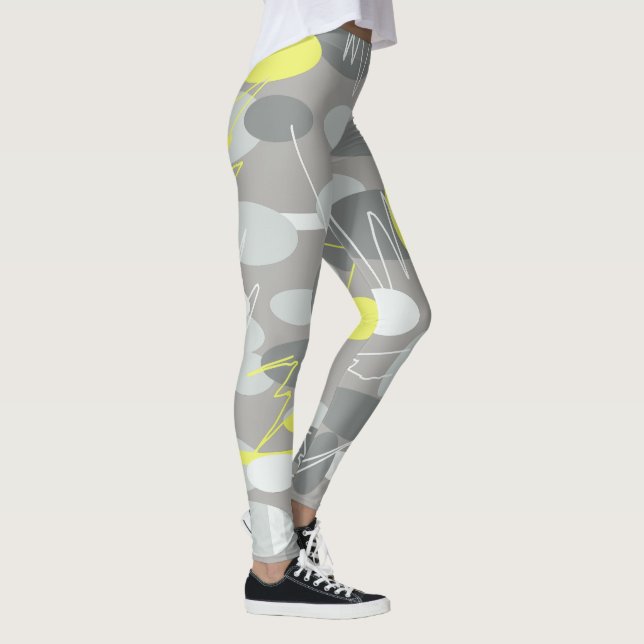 Grey Yellow Abstract Art Ovals Pattern Leggings (Right)