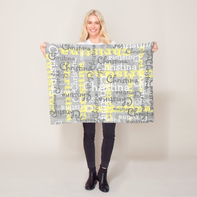 Grey Yellow Baby Allover Name Collage Personalised Fleece Blanket (In Situ)