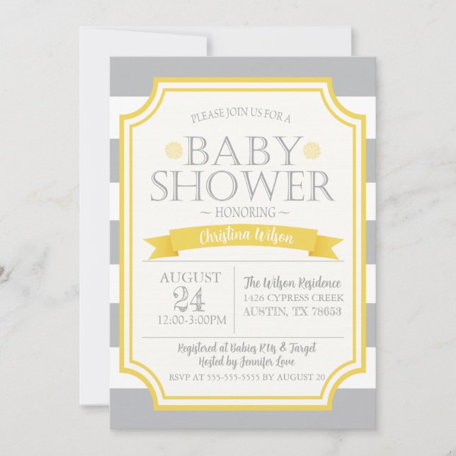 Grey & Yellow Baby Shower Invitation (Front)