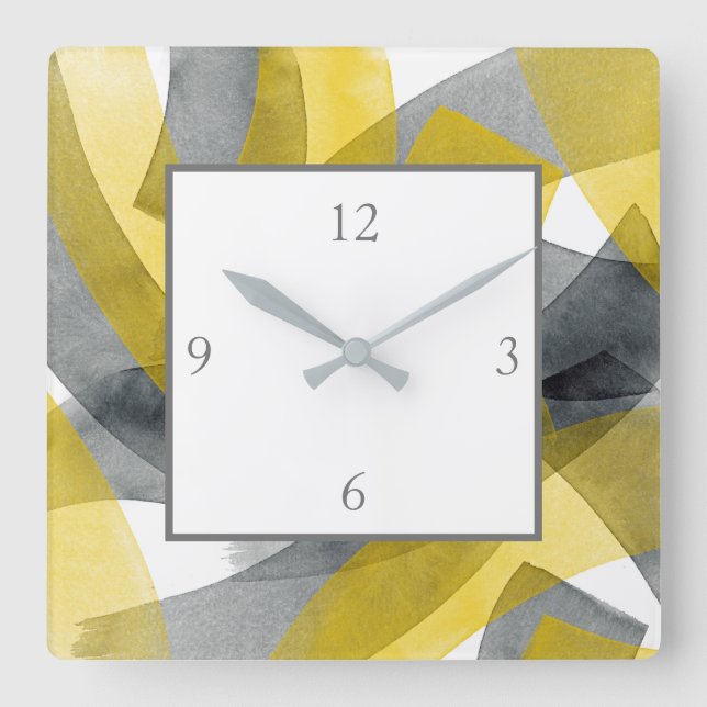Grey Yellow Black Abstract Brushstrokes Square Wall Clock (Front)