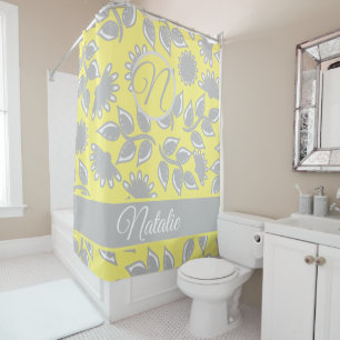 Grey yellow bold floral pattern  - monogrammed shower curtain