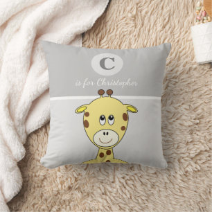 Grey yellow brown with a cute giraffe baby name cushion