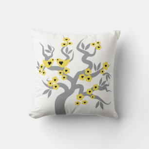 Grey, yellow cherry tree blossoms and love birds cushion