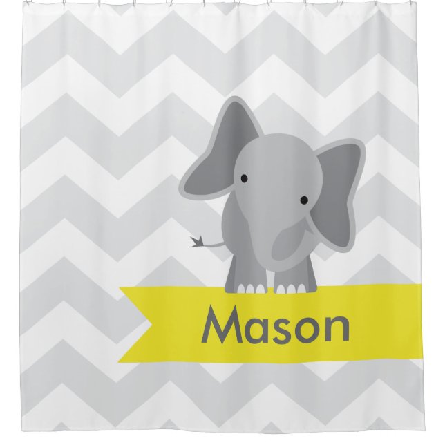 Grey Yellow Chevron Elephant Kids Personalised Shower Curtain (Front)