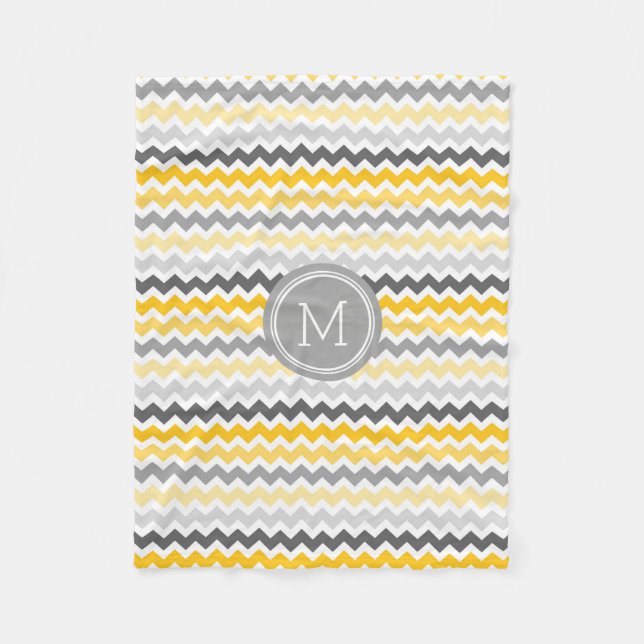 Grey Yellow Chevron Pattern Monogram Blanket (Front)