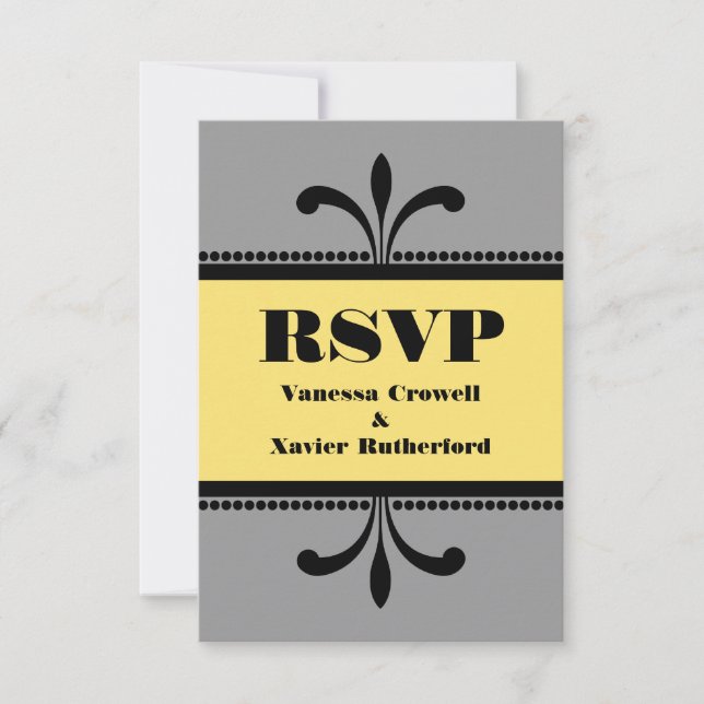 Grey/Yellow Fancy Art Deco RSVP Card (Front)